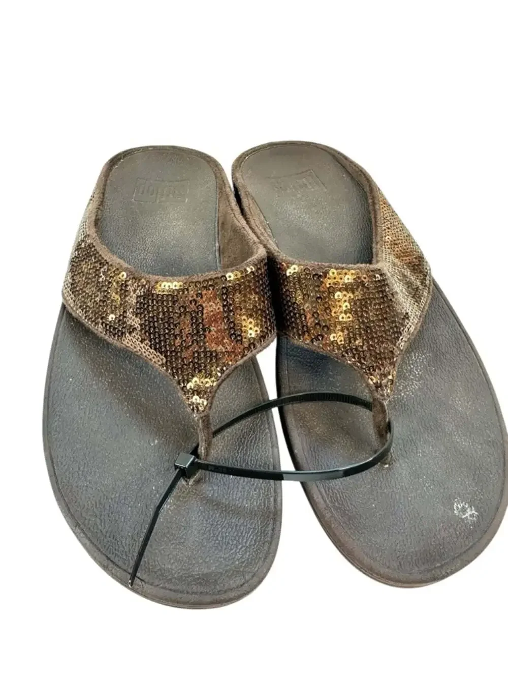 FitFlop Ringer Sequin Bronze Toe Post Sandals Womens 8 Platform Comfort